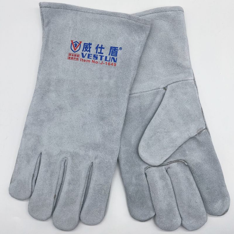 J-1649 本色牛二层胶水填缝双层电焊手套34cm